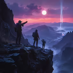 two people on the top of a cliff pointing towards the sky
