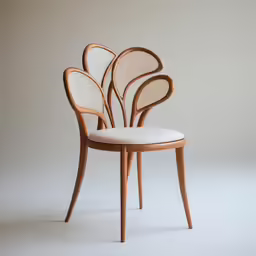 a wooden chair with a white cushion and a round back