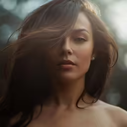 a woman in a strapless top, and with brown hair, has a large white ring on her neck