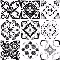 a bunch of circular patterns that is in various sizes,four different patterns to make an abstract design,different patterns of a variety of shapes and sizes,an array of black and white patterns from the early 1900