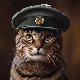 a cat wearing a uniform hat is staring at the camera