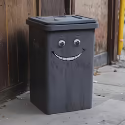 a black trash can with smiling faces and eyes