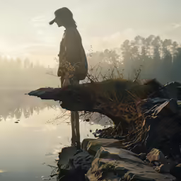 a person standing on a log looking at the water