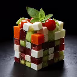 a small multi - color cube like container holds fruit