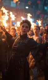 a woman in a black dress is holding something in her hand while people watch