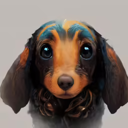 the puppy with blue eyes and an unusual, curly wig has a dark background