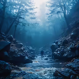 man walking down a river through a forest