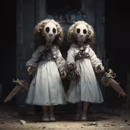 two dolls standing side by side, both holding handles