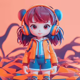 a close up of a toy girl with headphones on