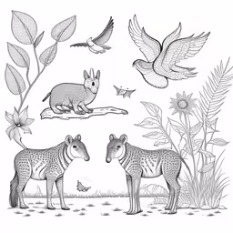 drawing showing two deer and three hyenas surrounded by plants