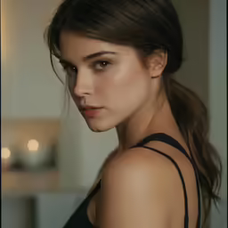 a woman is wearing a black top and has brown hair