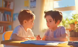 two children are sitting at a table with an open book