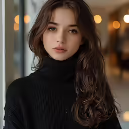 the girl is wearing a black turtle neck sweater