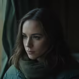 a close up of a woman wearing a coat and scarf