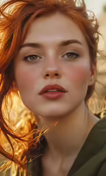 a woman with wavy red hair standing in the sun