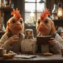 two very cute animals at a table with some coffee