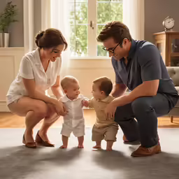 two people kneeling down to pet a baby