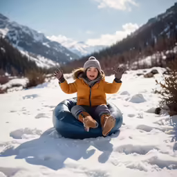 a little child sitting on top of a snow filled sled