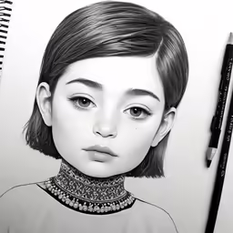 a drawing of a girl with a black and white pencil drawing of her face