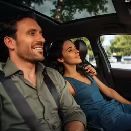 a man and woman sitting in the back seat of a car