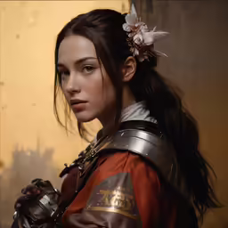 a beautiful young woman standing by a yellow wall