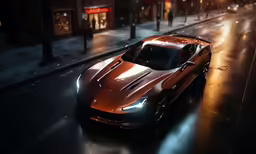 an orange sports car driving down a dark street