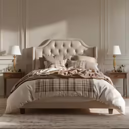 a large bed with lots of pillows next to a lamp