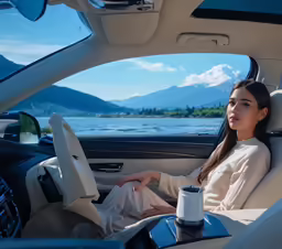a woman is sitting in a car enjoying the view