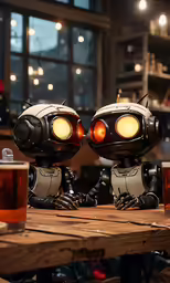 two robotic figurines sitting next to each other on a table