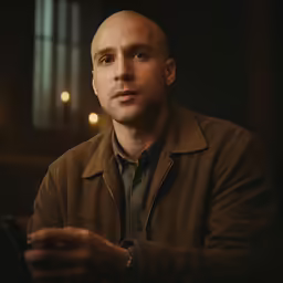 a bald man wearing a jacket and holding a book