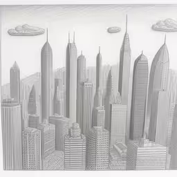 the black and white drawing shows a cityscape,the city drawing shows skyscrapers, with clouds in the sky