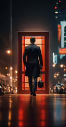 man in black suit and tie walking towards red doorway