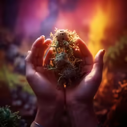 a person is holding a tiny toy frog on their hands