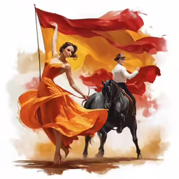 a painting with a woman in orange dress holding a flag while riding on a horse