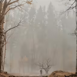 a lone person is standing on a misty trail surrounded by trees