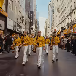 the parade is full of people marching down the street
