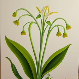 a painting of flowers, green and yellow with water droplets on them,an art painting of a flower on display,this is a picture of some kind of flowers,a painting of some flowers that are in a vase,a painting of some kind of plant that i found at the local art gallery