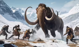 men with long, tusks and an elephant are fighting through the snow