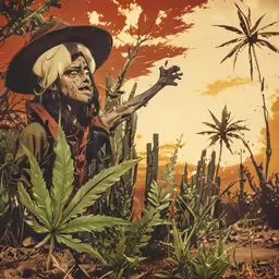 a weird looking person sitting in a cactus field