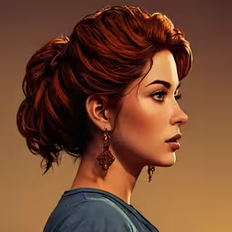 an artistic painting of a woman with a hairdox,a woman with red hair and some jewelry
