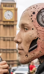 man wearing large face mask in front of a clock tower