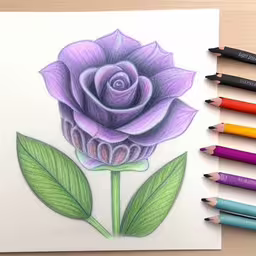 a flower with a green stem sits next to color pencils,drawing with colored pencils of purple flower