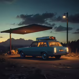 a van parked next to a gas station under a shelter