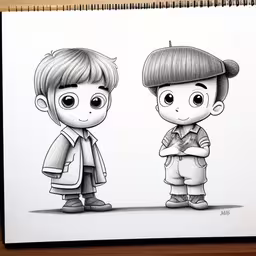 two cartoon characters standing next to each other,a drawing of two little kids