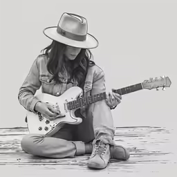 a girl sitting down and playing a guitar