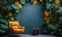 a green and yellow chair next to a wooden table with a vase on it