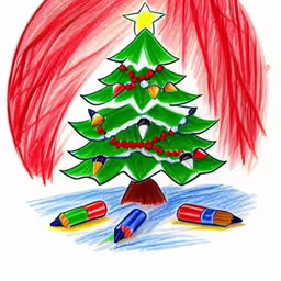 a drawing of a tree with some crayons around it,colored drawing of a christmas tree with crayons,the drawing shows a christmas tree with three colored crayons,a drawing of a christmas tree with several crayons,this is a drawing of a christmas tree