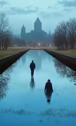 two people walk along a long blue river