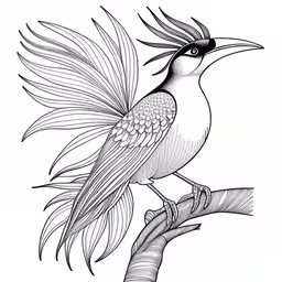 a drawing of a bird with long feathers,black and white drawing of a tropical bird