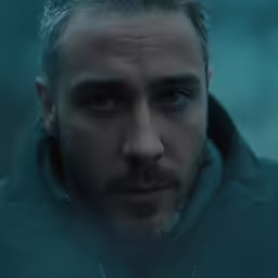 a man is wearing a black jacket and looking off into the distance